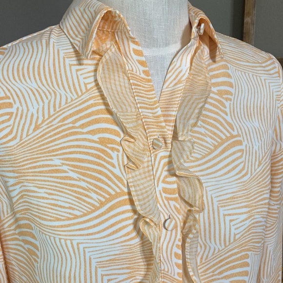 Chico’s orange & white zebra print ruffle button down long sleeve top size XS - Picture 6 of 9